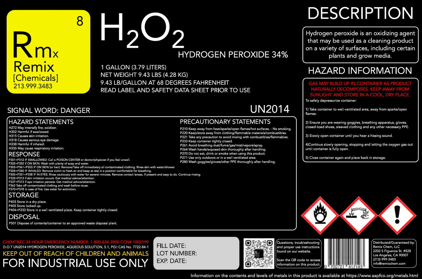 REMIX HYDROGEN PEROXIDE 34% TECH GRADE H2O2 OXIDIZER